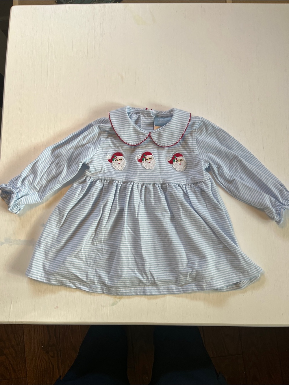 Light Blue Striped Holiday Santa Embroidered Kids Dress